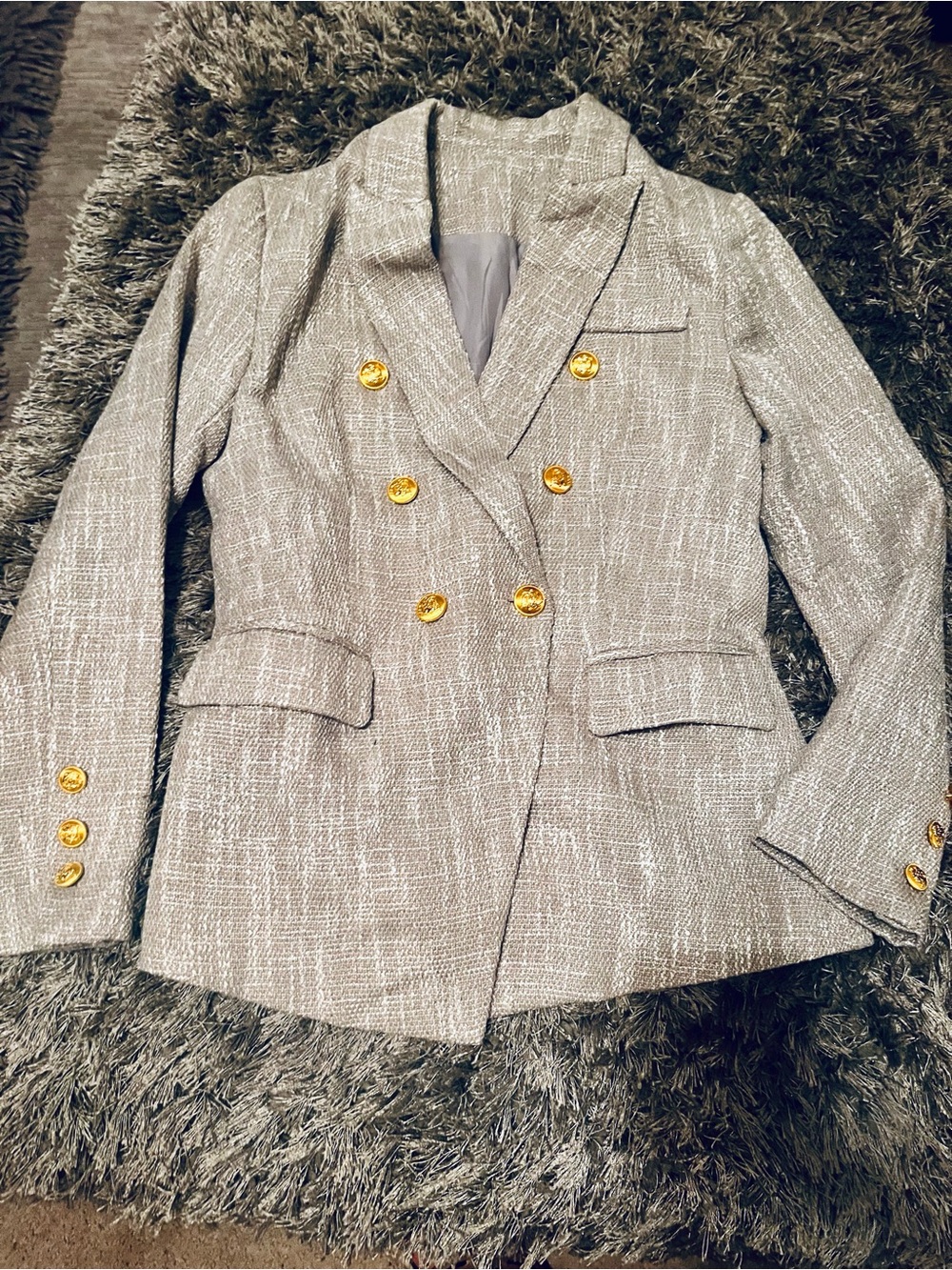 Women's Double-Breasted Gray Tweed Blazer with Gold Buttons